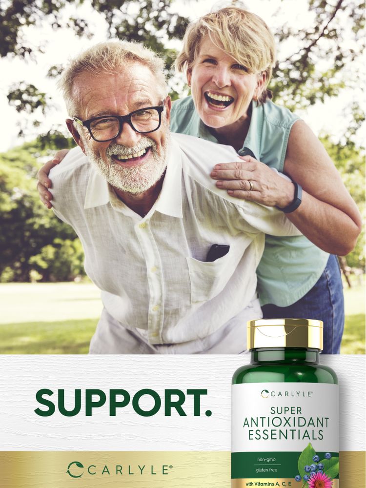 Elderly man and woman laughing, woman hugging man from behind, next to a bottle of Carlyle Super Antioxidant Essentials.