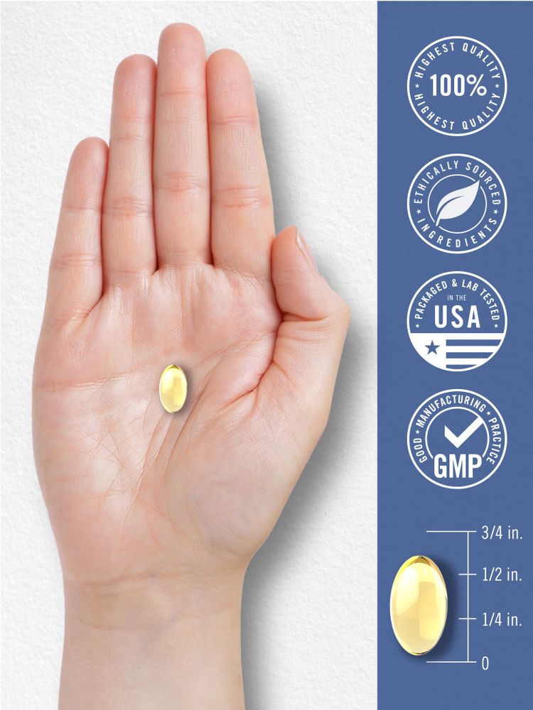 A 3/4 inch long Mini Omega-3 Fish Oil softgel resting on a bulk scale, showcasing its small size for easy consumption.