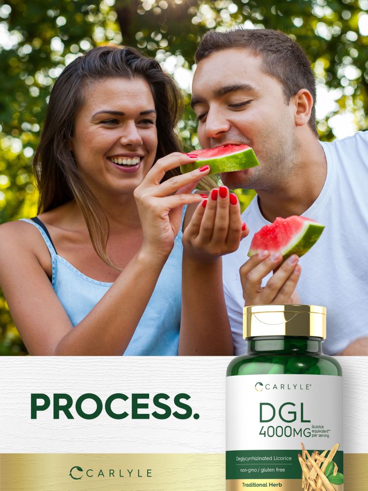 A young man and woman share a watermelon outdoors with a Carlyle DGL 4000 mg bottle nearby.