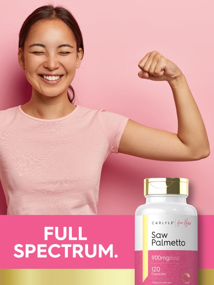 Young woman smiling and flexing arm beside a Carlyle for Her Saw Palmetto 900mg 120 Capsules bottle with text: FULL SPECTRUM.