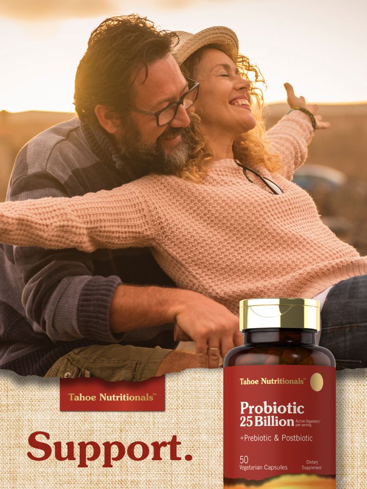 50 Vegetarian Capsules of Tahoe Nutritionals Probiotic 25 Billion with Prebiotic and Postbiotic, shown on a hand scale.