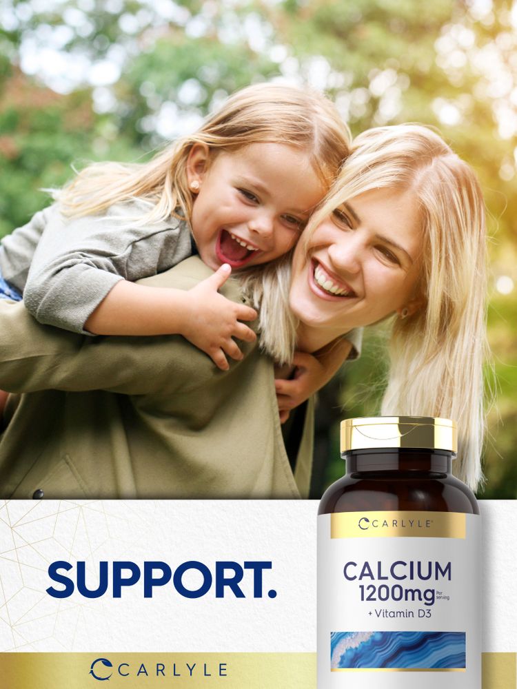 Adult woman and young girl laughing during piggyback ride with Carlyle Calcium 1200mg + Vitamin D3 bottle in view.