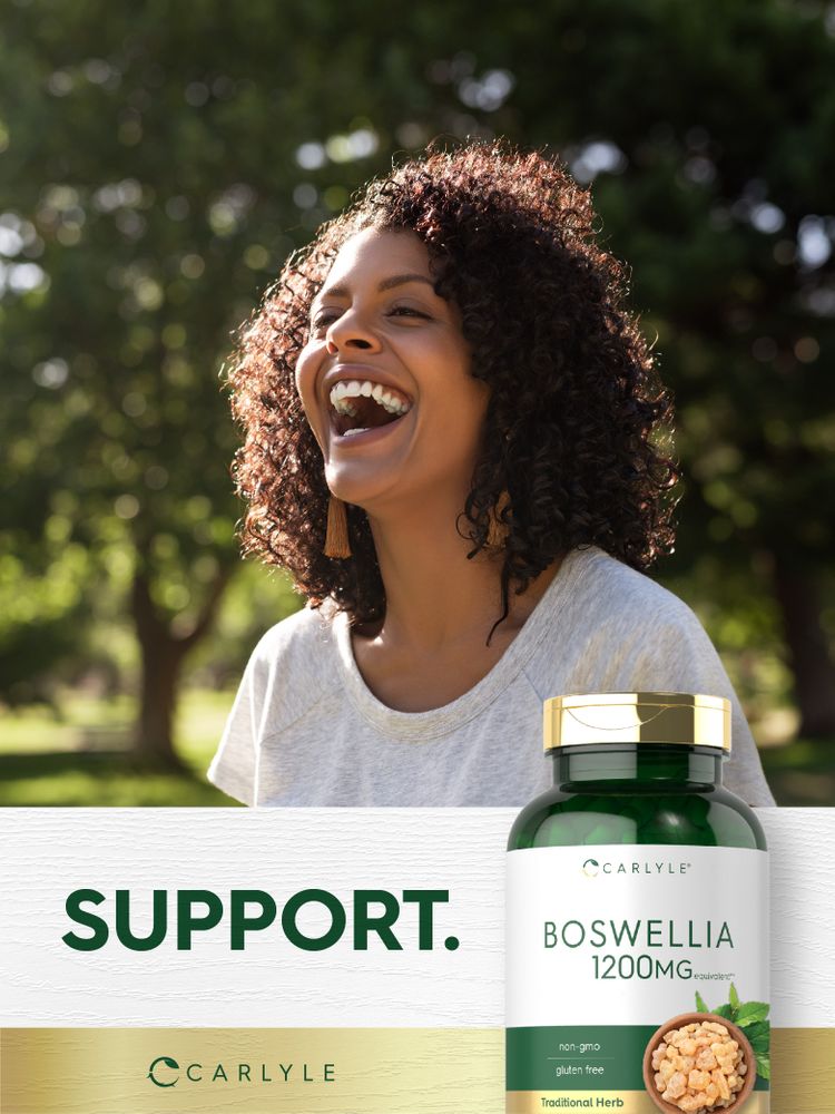 An adult woman laughing outdoors next to a Carlyle Boswellia 1200mg bottle with 'SUPPORT' text visible.