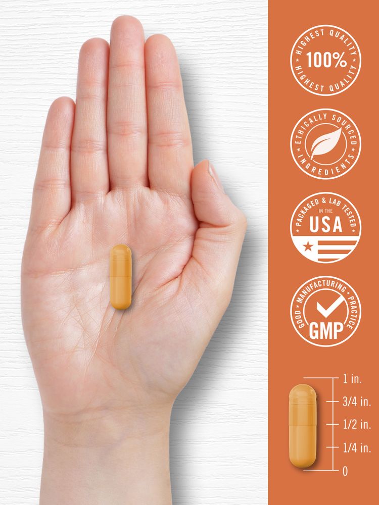 A yellow capsule measuring 1 inch long placed on a hand scale.
