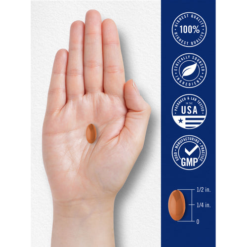 View 7 Orange Co Q-10 softgel, measuring 1/2 inch long and 1/4 inch wide, rests in a hand.