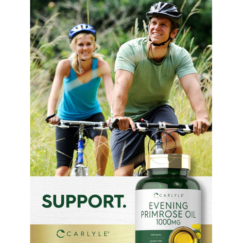 View 7 A young man and woman ride bicycles while a Carlyle Evening Primrose Oil bottle is visible.