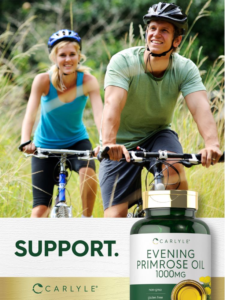 A young man and woman ride bicycles while a Carlyle Evening Primrose Oil bottle is visible.