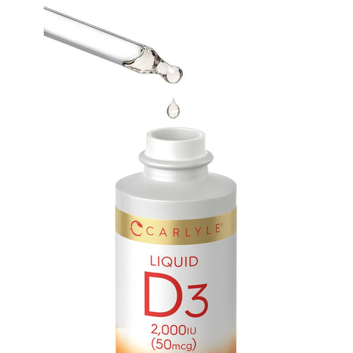 View 7 Carlyle Liquid D3 2,000 IU (50mcg) is being dispensed with a dropper back into its bottle.