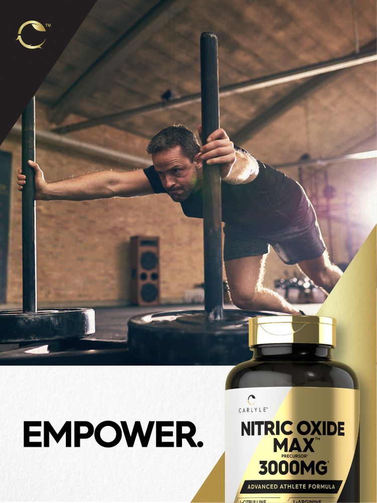 A man exercises in a gym next to a Carlyle Nitric Oxide Max 3000MG bottle.