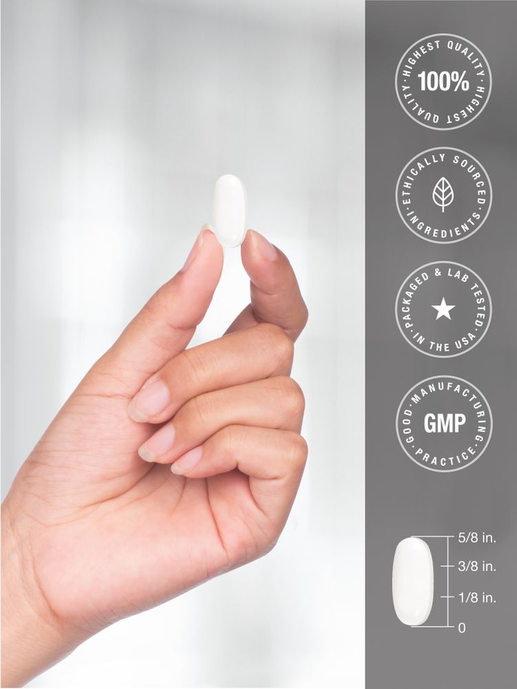 A magnesium 500mg tablet is held in hand, measuring 5/8 inch long, 3/8 inch wide, and 1/8 inch thick.
