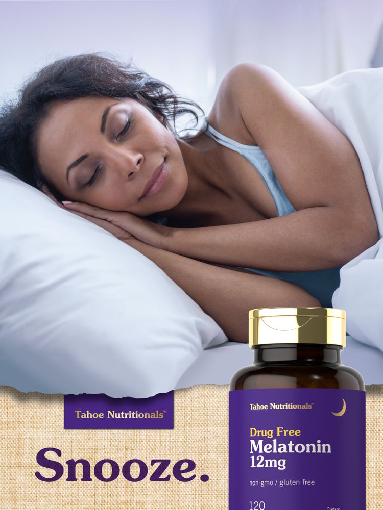 Hand holding Tahoe Nutritionals Drug Free Melatonin 12mg 120 capsules bottle on a bulk scale.
