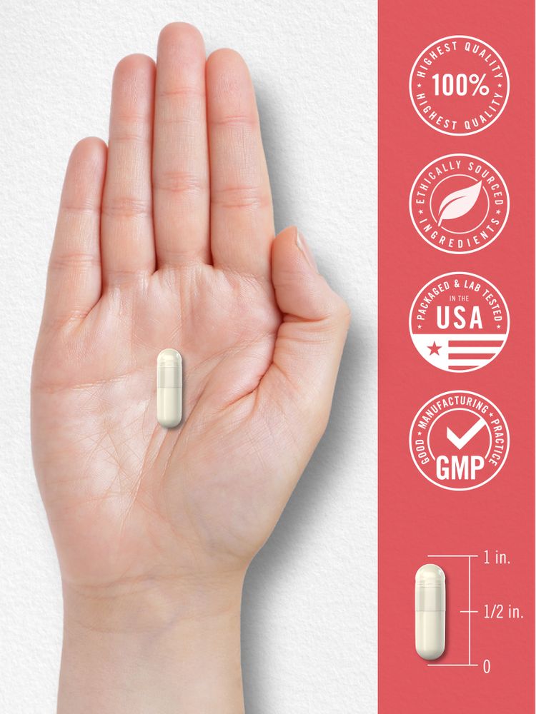 A 1-inch capsule held in the palm of a hand, illustrating size comparison.