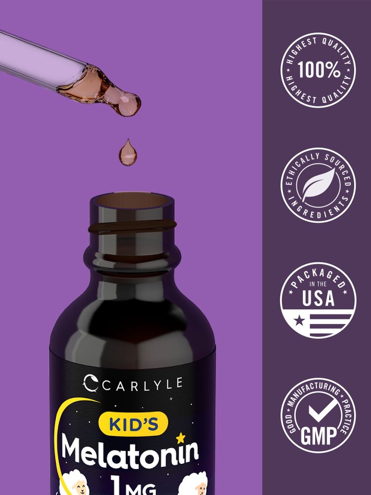 Carlyle KID'S Melatonin 1 MG liquid is being dispensed from a dropper into a bottle.