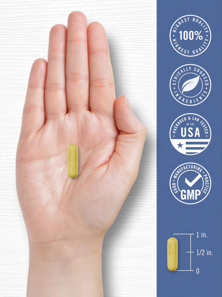 A yellow vegetarian capsule, approximately 1 inch long, is held in a hand.