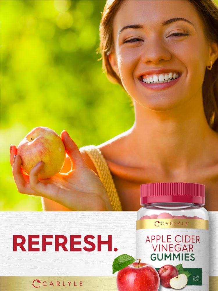 A woman holding a fresh apple and a jar of Carlyle Apple Cider Vinegar Gummies.