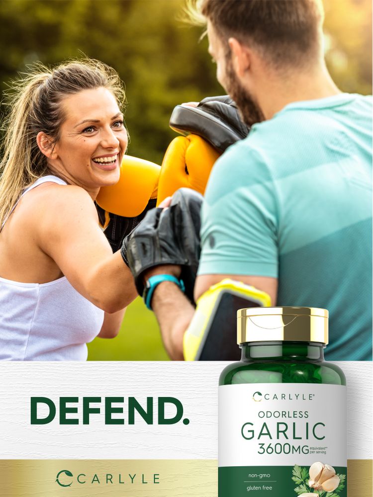 Adult woman and man boxing, graphic text 'DEFEND.' visible, with an Odorless Garlic 3600MG bottle.
