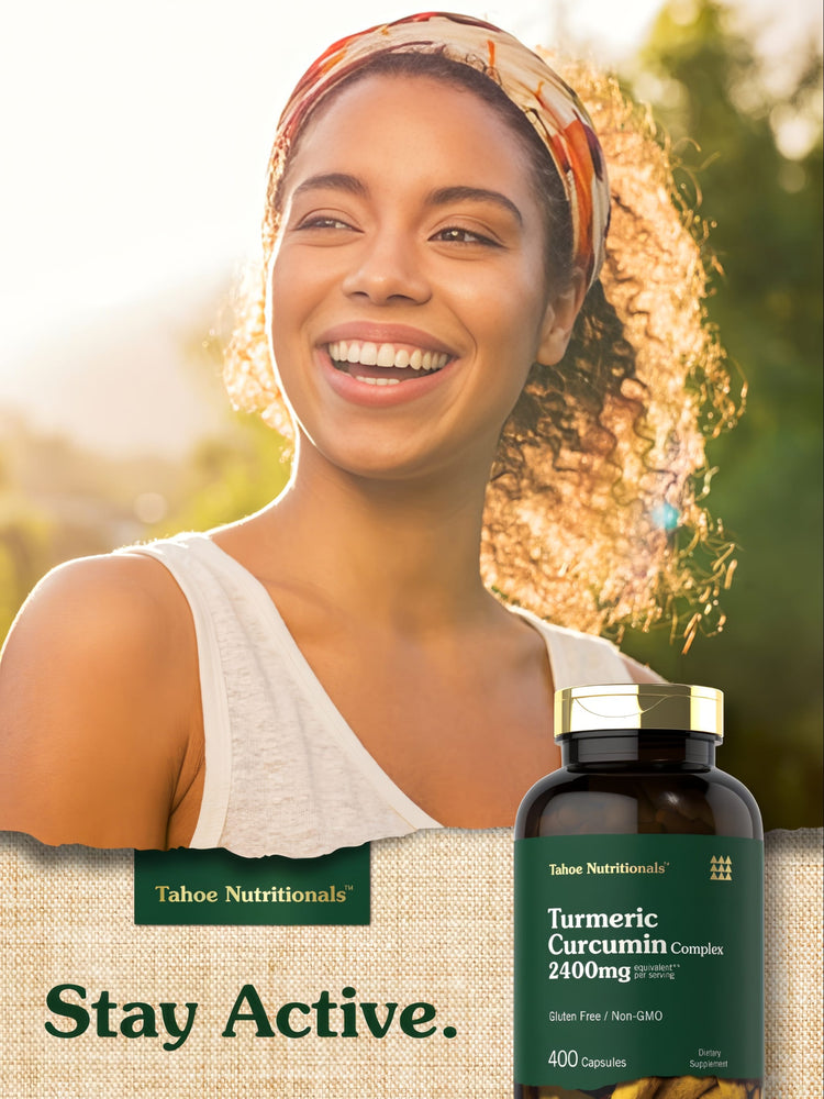 Smiling young woman outdoors with Tahoe Nutritionals Turmeric bottle and text 'Stay Active.'