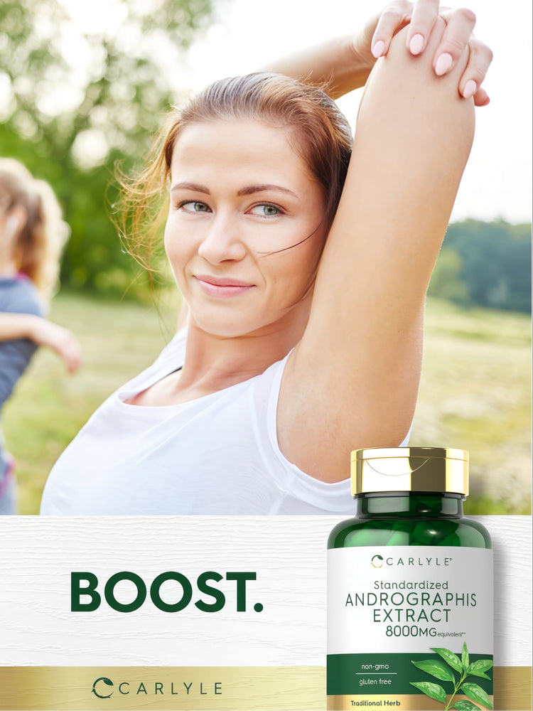 Young woman stretching outdoors with a bottle of Carlyle Standardized Andrographis Extract 8000MG Equivalent.