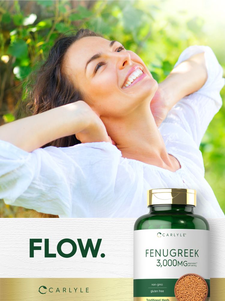 Young woman smiling and relaxing outdoors with a Carlyle Fenugreek bottle in hand.