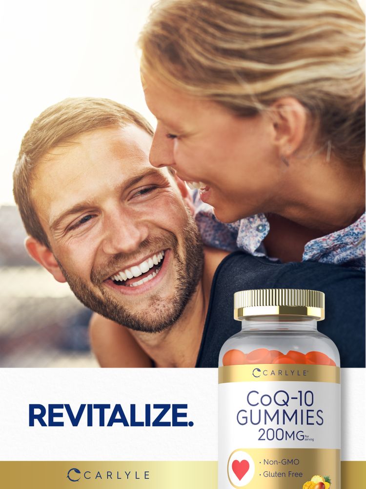 Carlyle CoQ-10 200mg Gummies bottle with a smiling man, woman, and 'REVITALIZE' text visible.