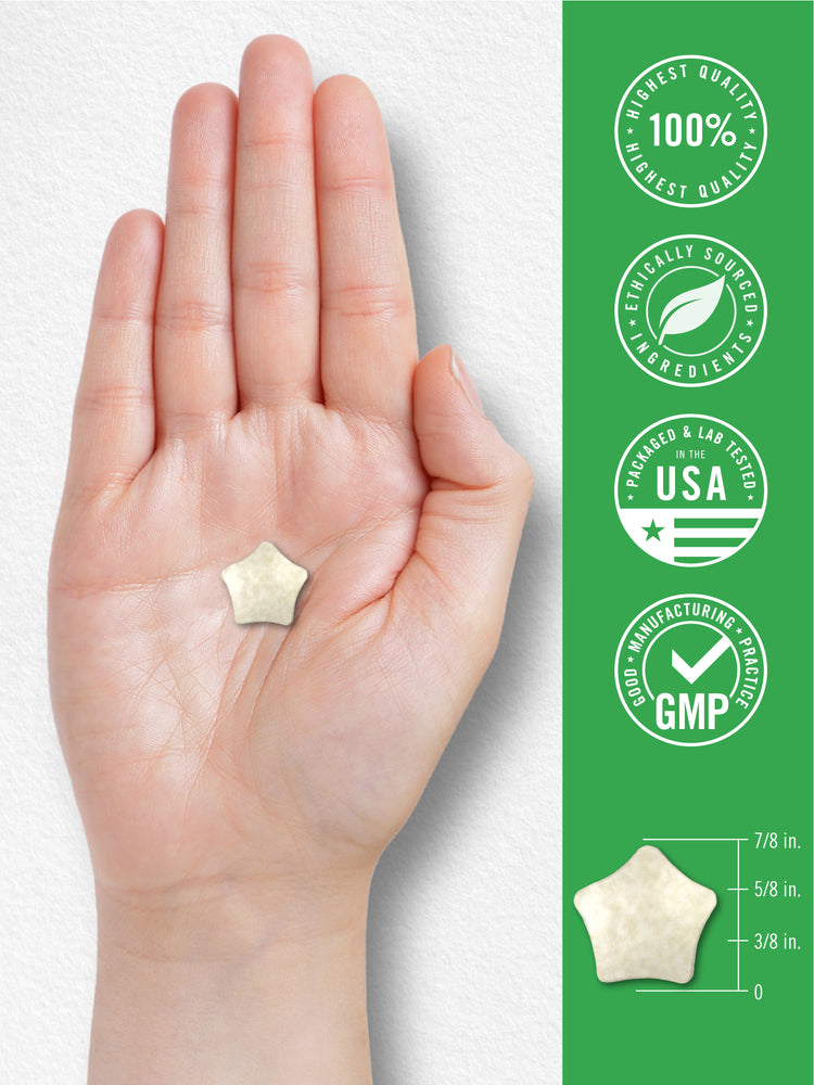 CL Kid's Mult + Probiotic star-shaped chew, 7/8 in. wide, 5/8 in. high. Qualities: 100% Quality, Ethically Sourced, USA Packaged/Tested, GMP.