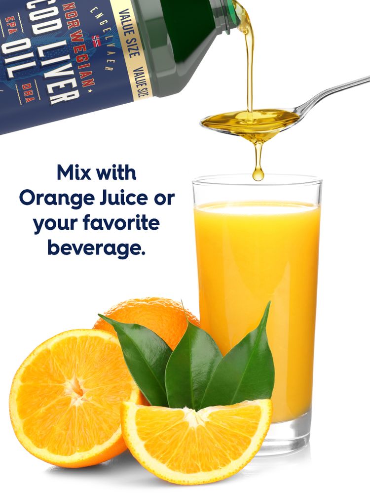 Cod Liver Oil being poured from a bottle into a spoon beside orange juice and fresh oranges.