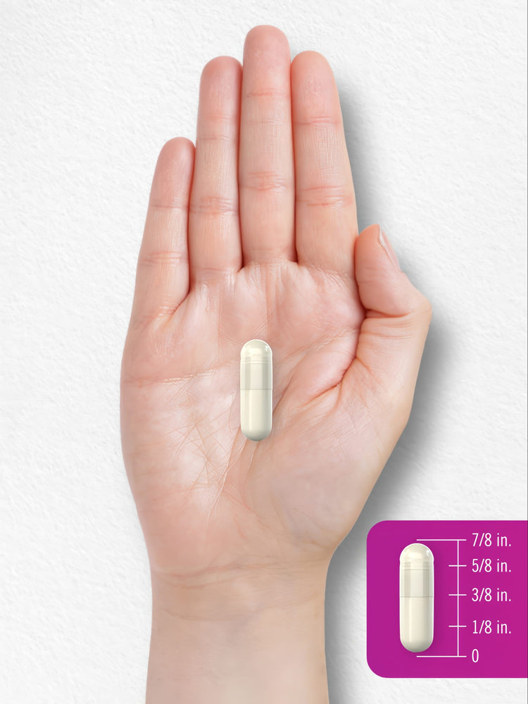 An off-white capsule measuring 7/8 inch in length is placed on a bulk scale next to a hand scale.