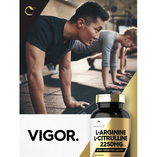 View 7 A man and woman perform planks during a workout, with a Carlyle L-Arginine L-Citrulline bottle visible nearby.