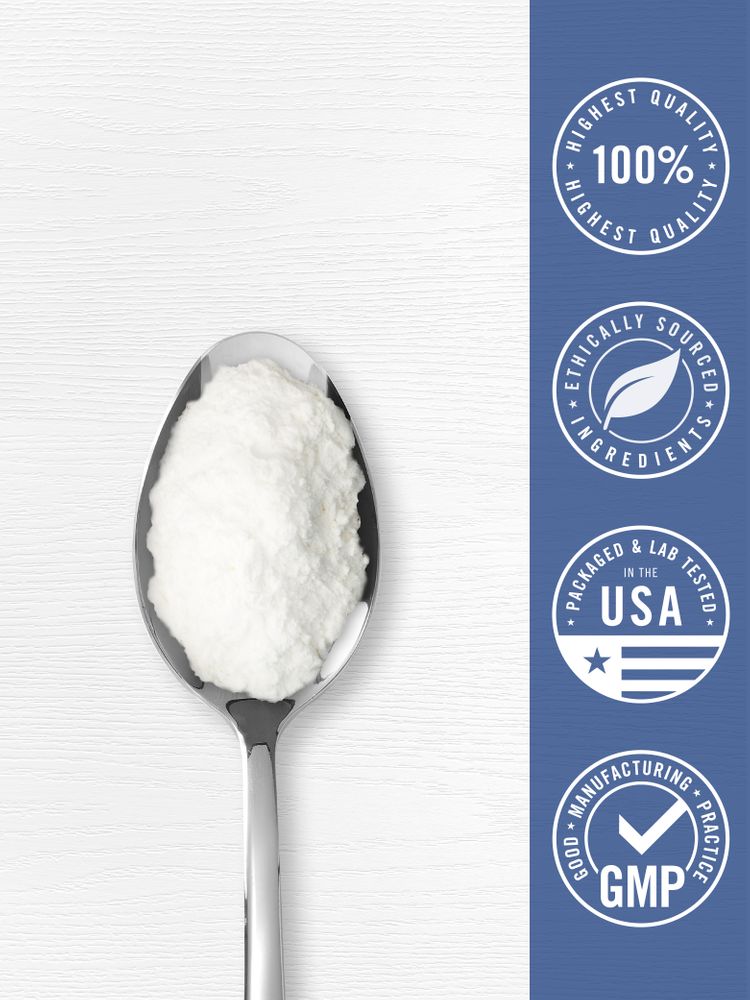 Spoon with white Magnesium Glycinate powder. Badges: 100% HIGHEST QUALITY, ETHICALLY SOURCED, PACKAGED & LAB TESTED IN THE USA, GMP.