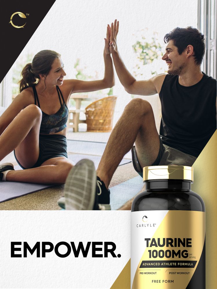 Carlyle Taurine 1000 mg Advanced Athlete Formula 400 capsules bottle, with man and woman high-fiving after workout.
