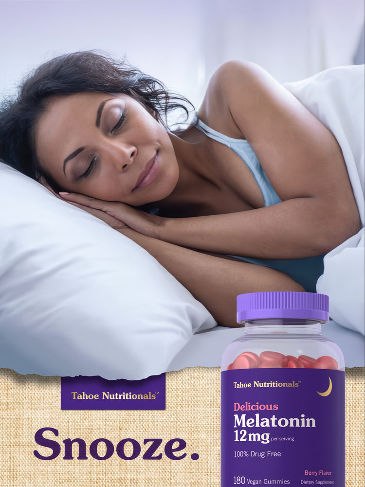 An adult woman sleeps in bed with a bottle of Melatonin Gummies nearby, emphasizing relaxation and sleep aid benefits.