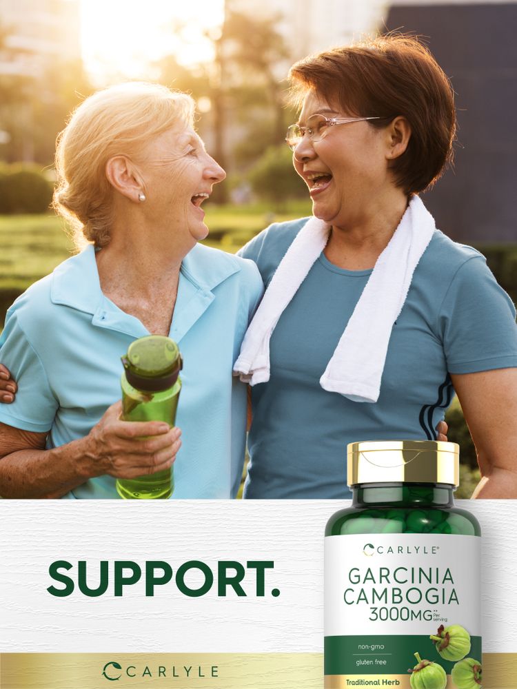 Carlyle Garcinia Cambogia 3000 mg capsules bottle labeled 'SUPPORT', with two laughing women outdoors.