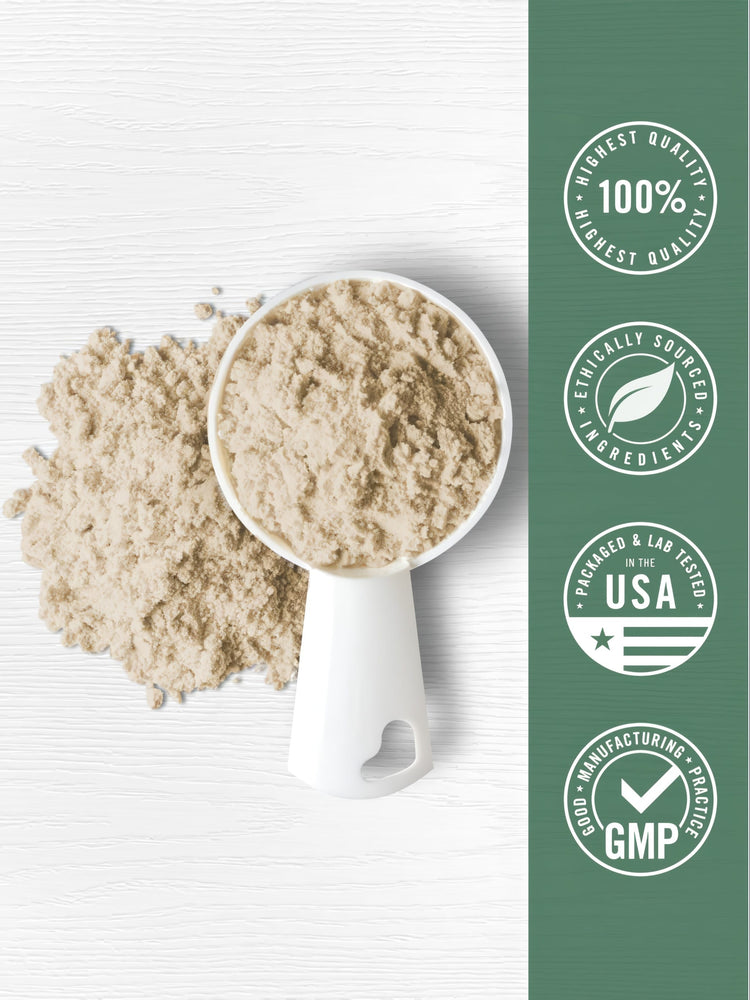 Pea protein powder in a white scoop, with powder spilled beside it on a white textured surface.