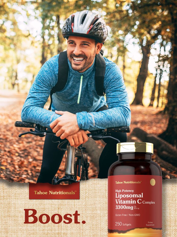 Adult man cycling on a forest path next to a bottle of Tahoe Nutritionals Liposomal Vitamin C Complex.