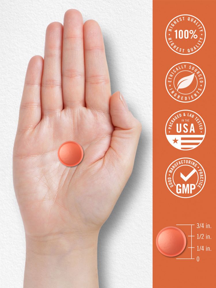A gummy measuring 3/4 inch in diameter and 1/4 inch in height is shown on a bulk_scale format named hand_scale.
