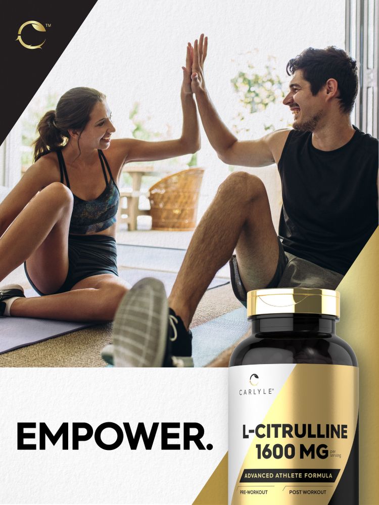 Young woman and man high-five post-workout, next to a Carlyle L-Citrulline 1600mg supplement bottle.