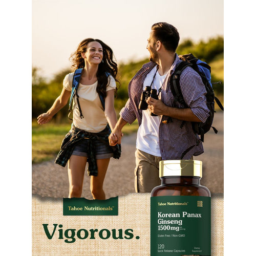 View 7 Young couple hiking, holding hands with a bottle of Korean Panax Ginseng labeled 'Vigorous'.