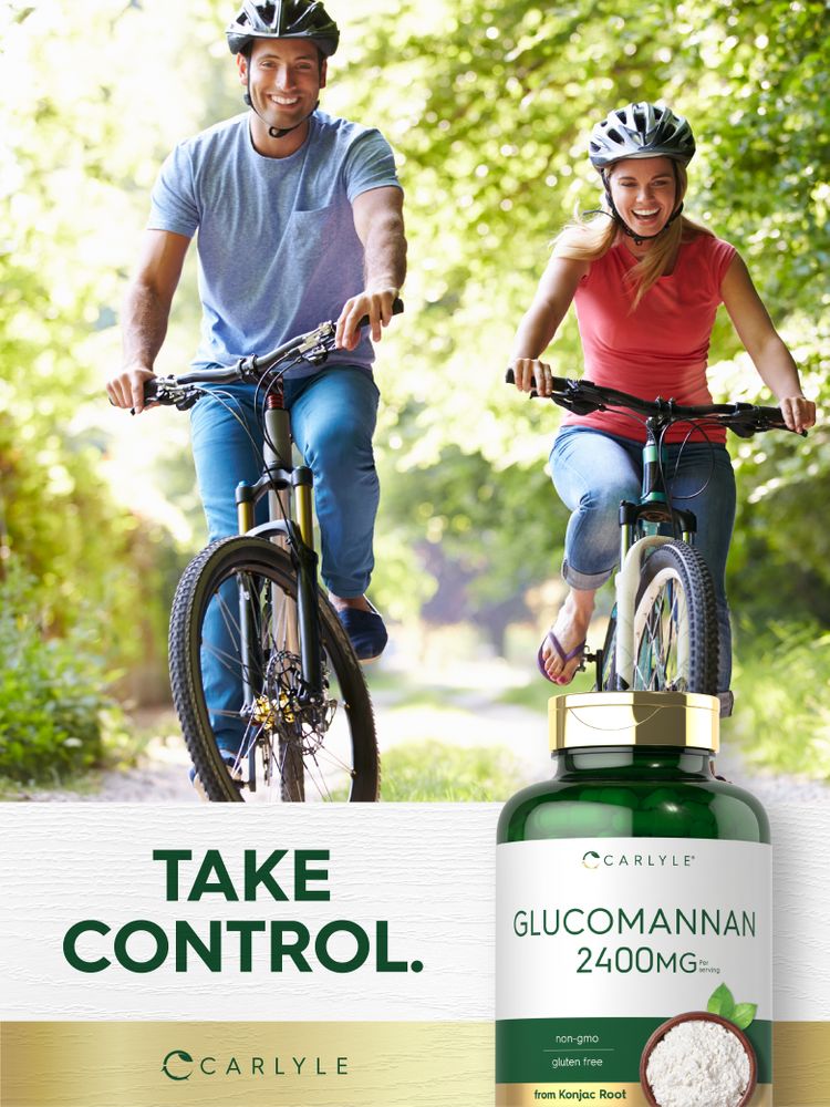 Young adult man and woman biking outside on a sunny day, featuring a Glucomannan bottle.