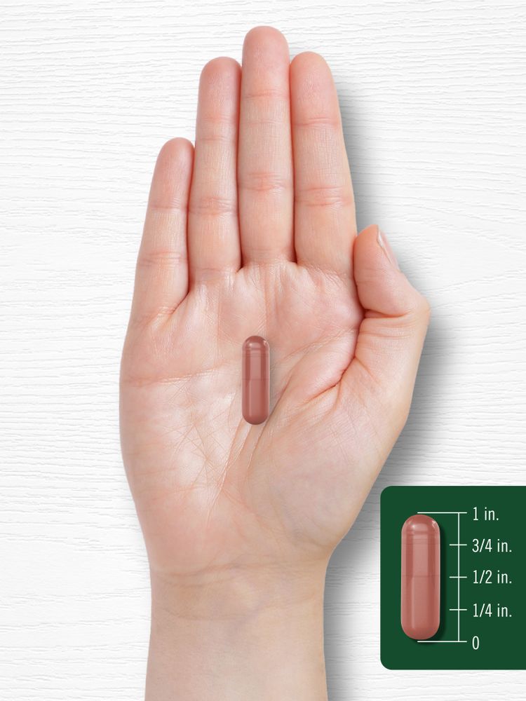A one-inch capsule on a hand scale for weight measurement.