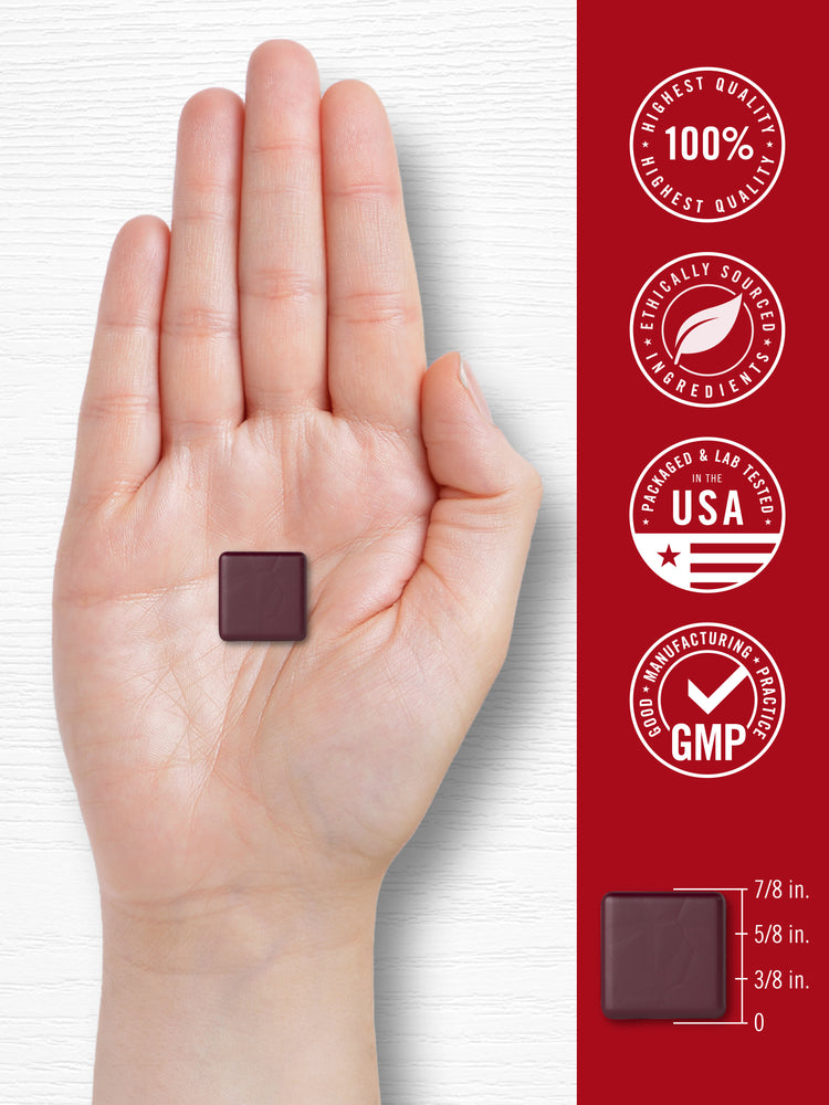 Beet Root Chew dimensions: 7/8 in. long, 5/8 in. wide, 3/8 in. thick.