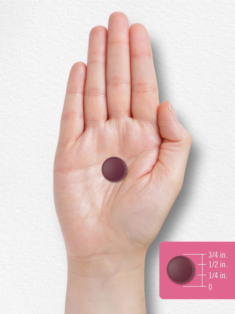 A round dark red gummy measures 3/4 inch in diameter.