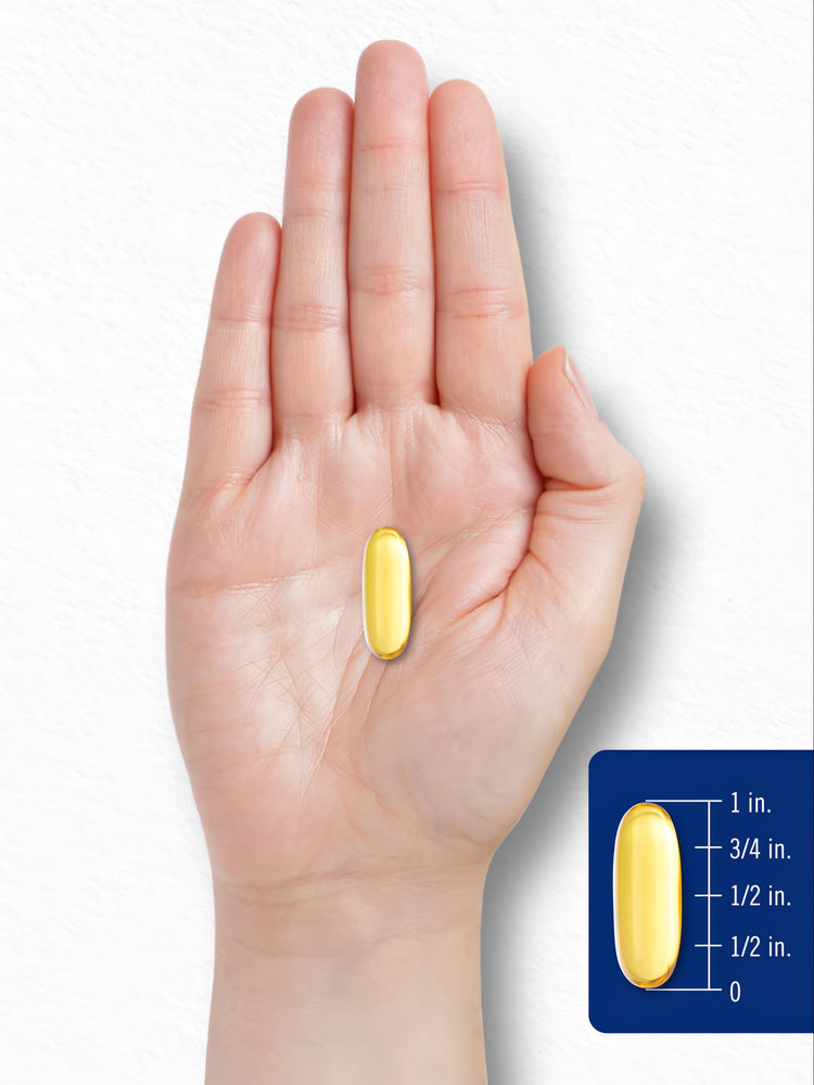A softgel measuring approximately seven-eighths of an inch long in a bulk scale format.