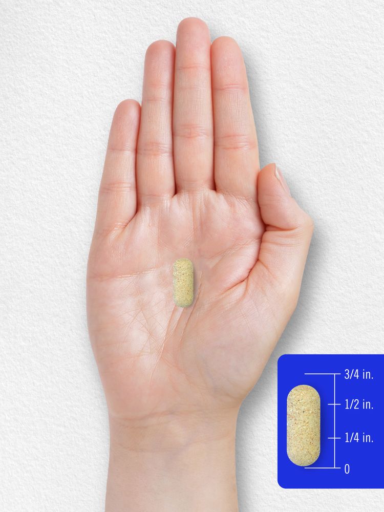 A tablet measuring five-eighths inch long is displayed on a person's hand.