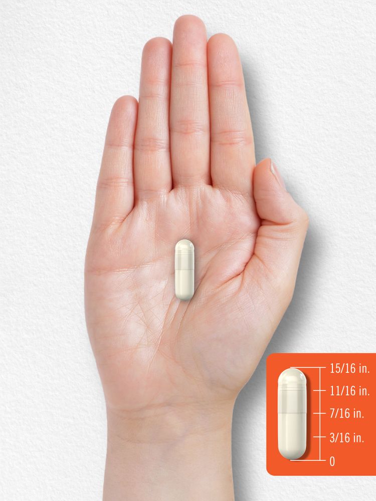 A capsule measuring fifteen-sixteenths of an inch long on a hand scale.