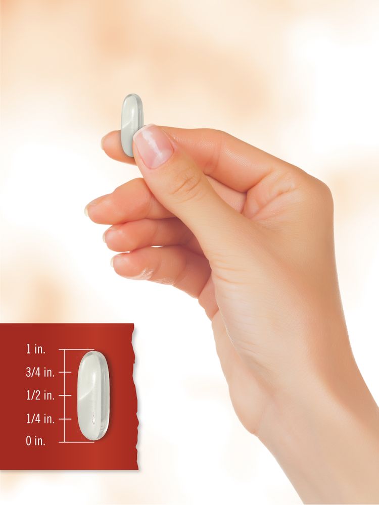 A hand holds a softgel, with a graphic showing the softgel is three-quarters of an inch long.