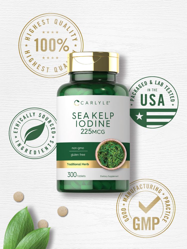 Round, light brown tablets labeled Sea Kelp Iodine 225 mcg rest on a bulk scale to indicate measurement details.