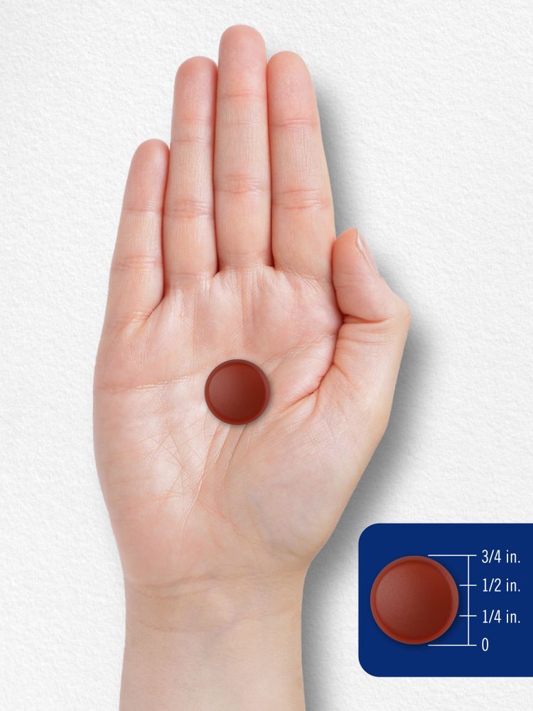 A round, reddish-brown gummy shown in a hand, measuring 5/8 inch in diameter on a scale.