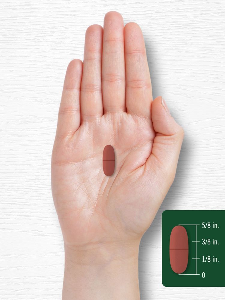 A hand holding a capsule measuring 5/8 inch, commonly used for scale reference in health and wellness supplements.