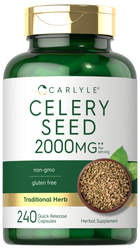Celery seeds in a wooden bowl with two green celery leaves, next to a bottle of Carlyle Celery Seed 2000MG Quick Release Capsules.