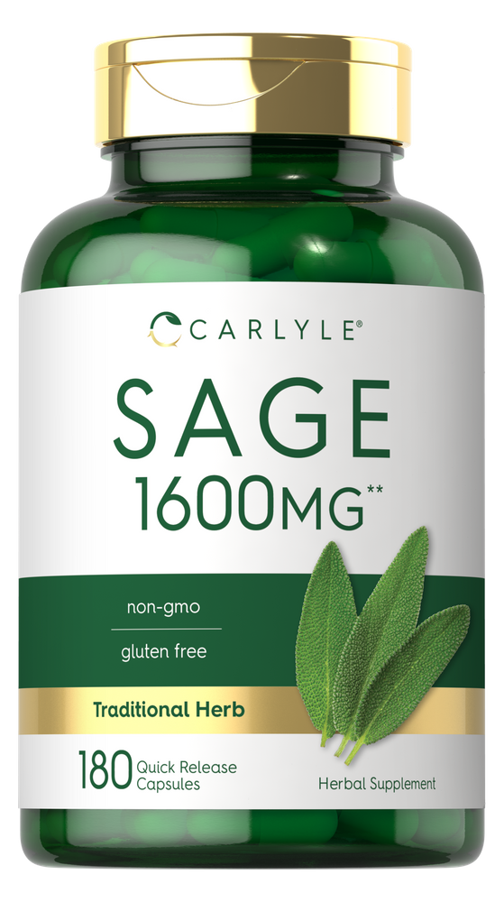 Hand holding Carlyle Sage 1600 mg, 180 capsules, quick release bottle.